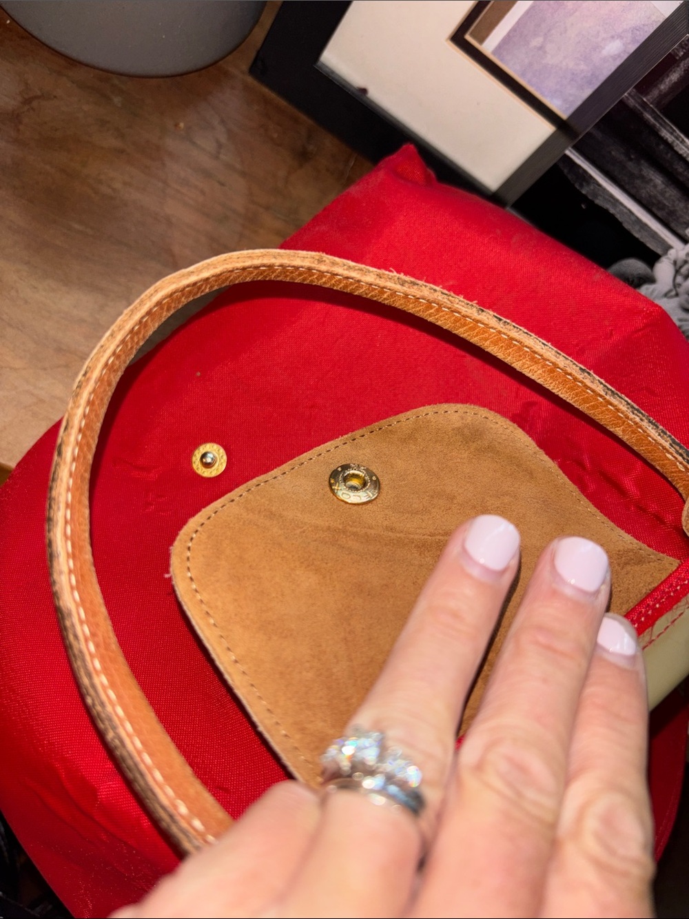 Red Longchamp Nylon Tote Bag with Brown Leather Trim - Picture 11 of 13